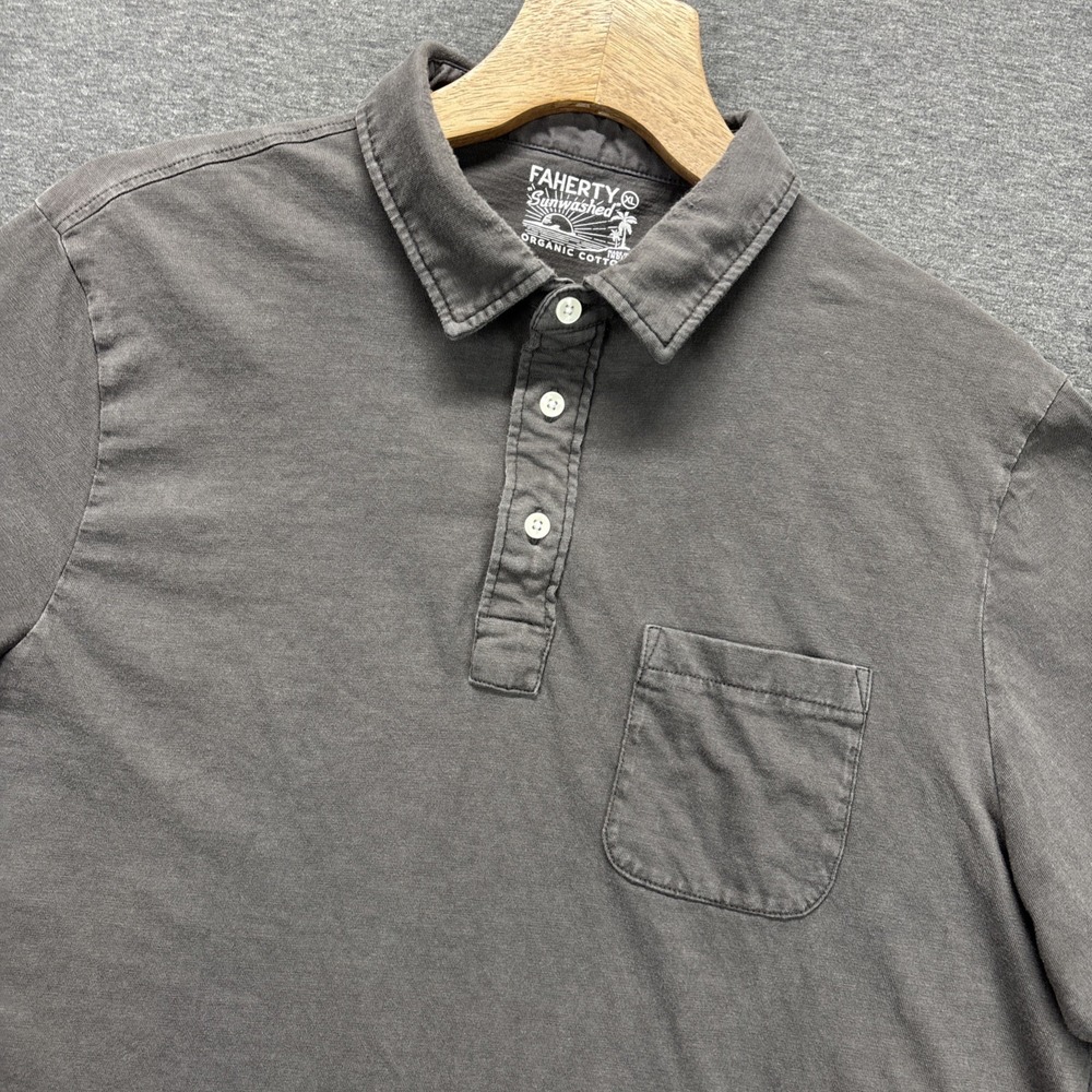 Faherty Polo Shirt Mens XL Gray Sunwashed Organic Cotton Pocket Soft Logo Preppy